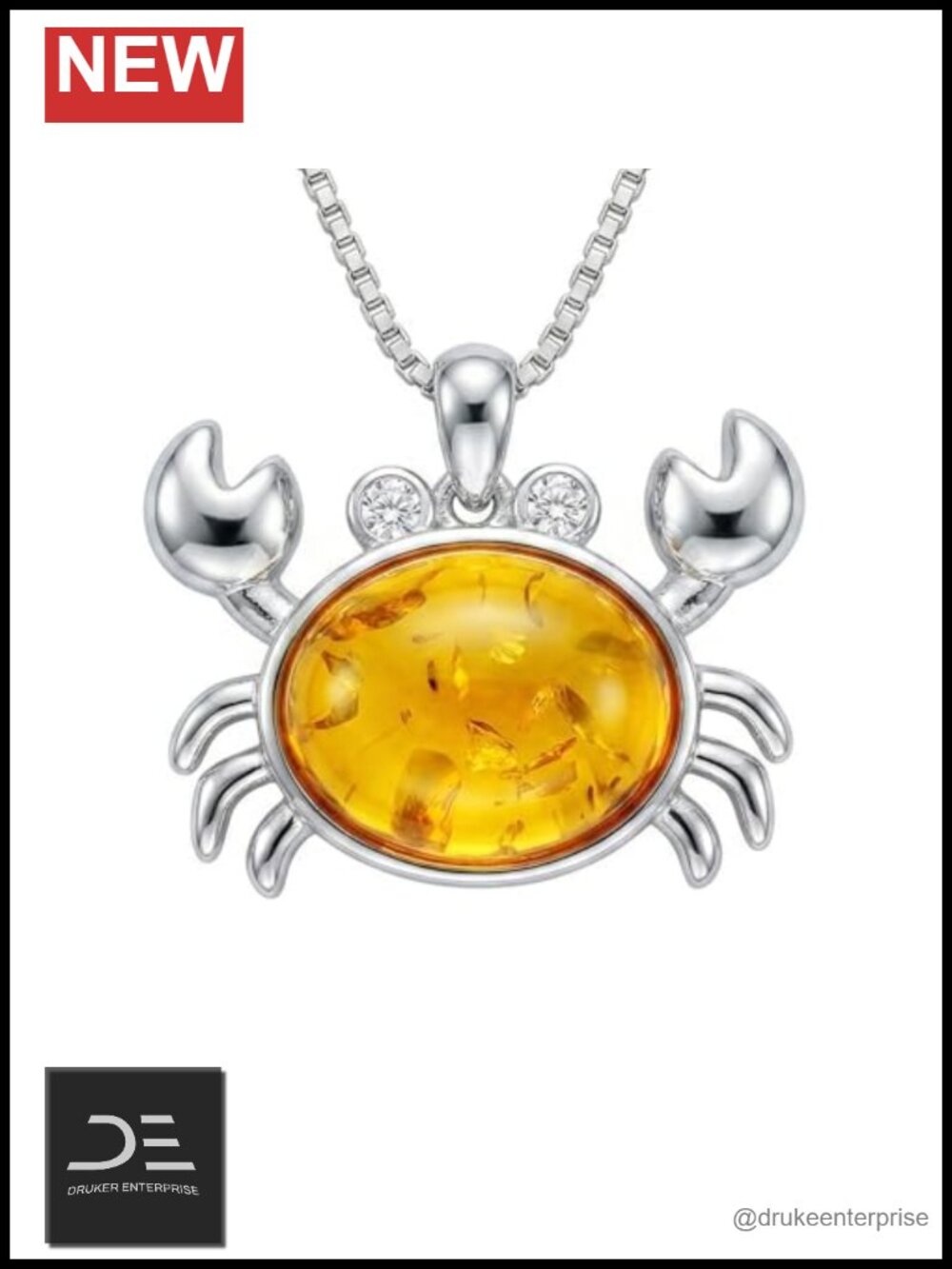 925 Sterling Silver Natural Amber Crab Pendant Necklace for Women Retro